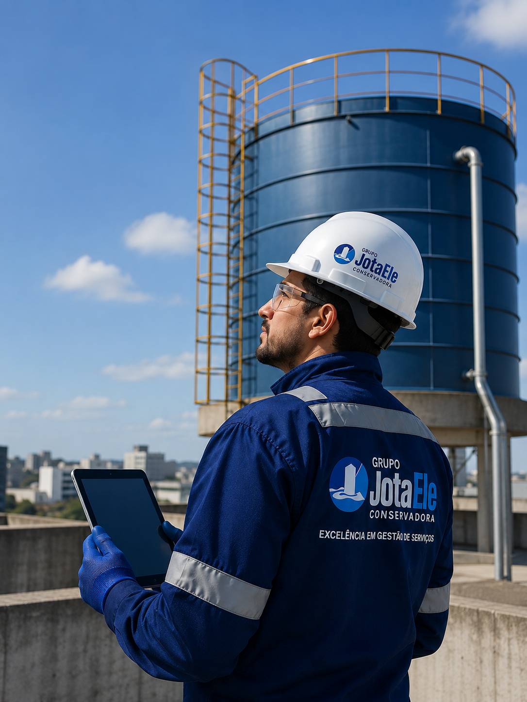 Profissional com uniforme azul diante de reservatório industrial